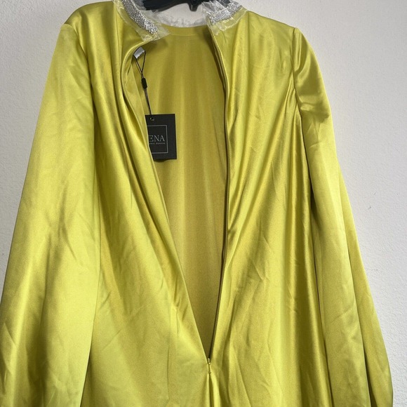 New never used Ieena Mac Duggal Chartreuse Satin Long Blouson Slv Gown s… - Picture 15 of 16